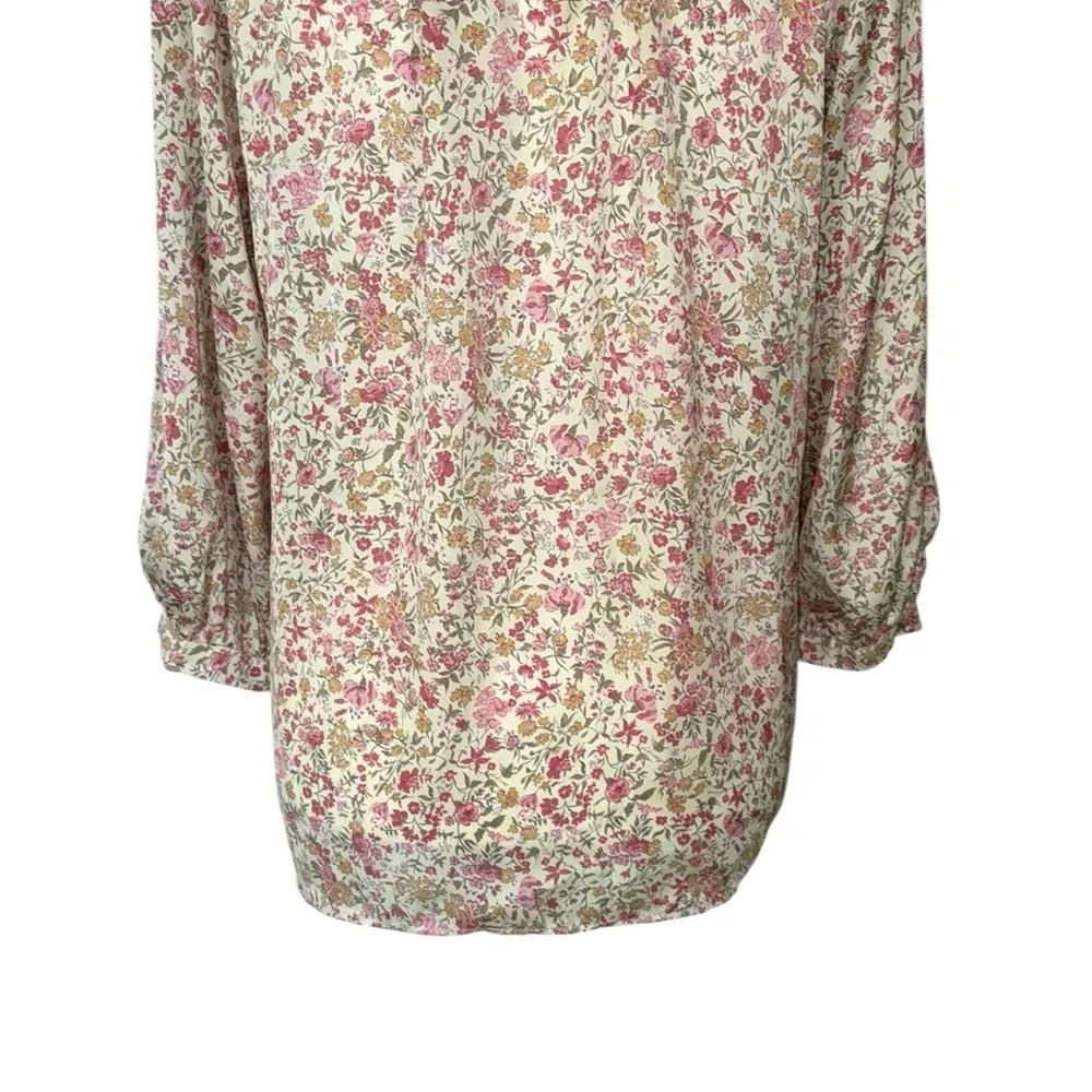 Zara Cream Pink Floral Print Satin 3/4 Puff Sleeve Lace Button Down Blouse - S